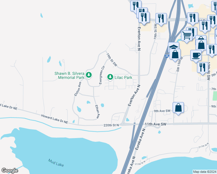 map of restaurants, bars, coffee shops, grocery stores, and more near 22258 Lilac Court in Forest Lake