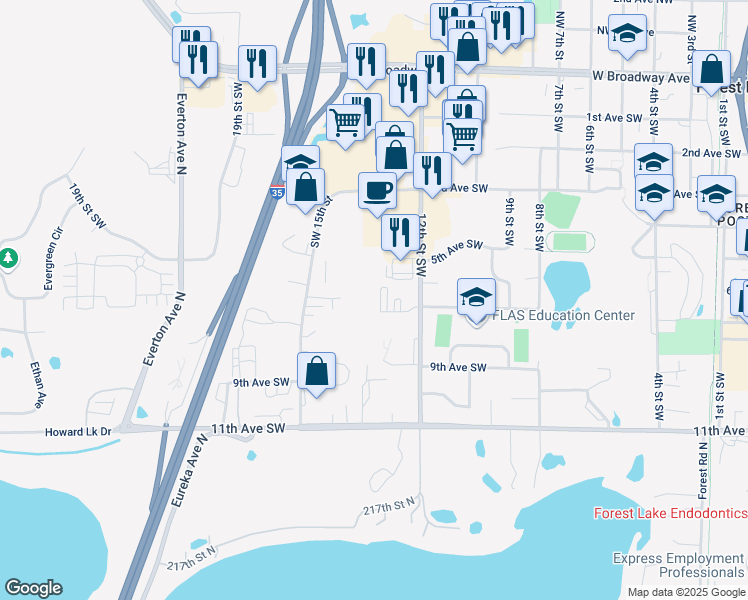 map of restaurants, bars, coffee shops, grocery stores, and more near 680 12th Street Southwest in Forest Lake