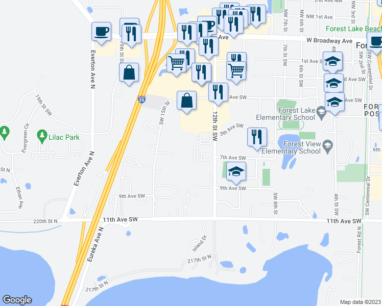 map of restaurants, bars, coffee shops, grocery stores, and more near 680 12th Street Southwest in Forest Lake