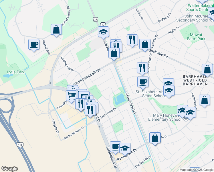 map of restaurants, bars, coffee shops, grocery stores, and more near 531 Bretby Crescent in Ottawa