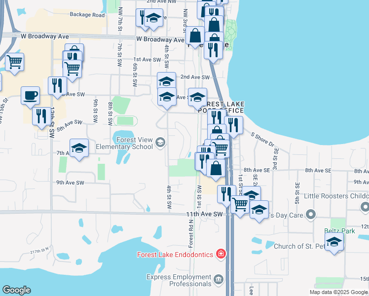 map of restaurants, bars, coffee shops, grocery stores, and more near 567 4th Street Southwest in Forest Lake