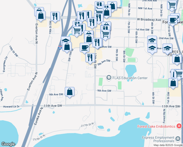 map of restaurants, bars, coffee shops, grocery stores, and more near 556 12th Street Southwest in Forest Lake