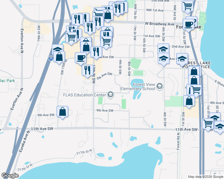 map of restaurants, bars, coffee shops, grocery stores, and more near 612 9th Street Southwest in Forest Lake