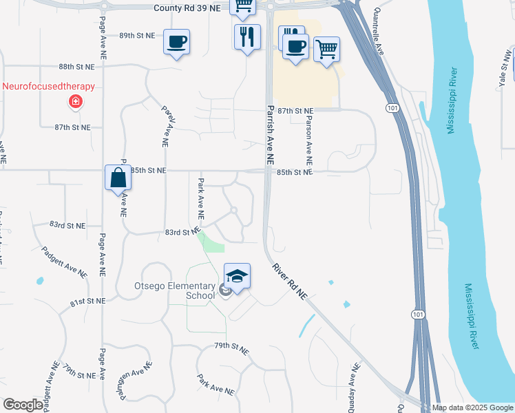 map of restaurants, bars, coffee shops, grocery stores, and more near 8332 Parkview Avenue Northeast in Otsego