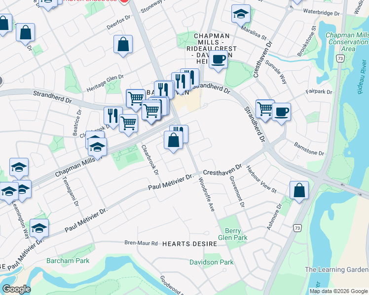 map of restaurants, bars, coffee shops, grocery stores, and more near 250 Sorento Street in Ottawa