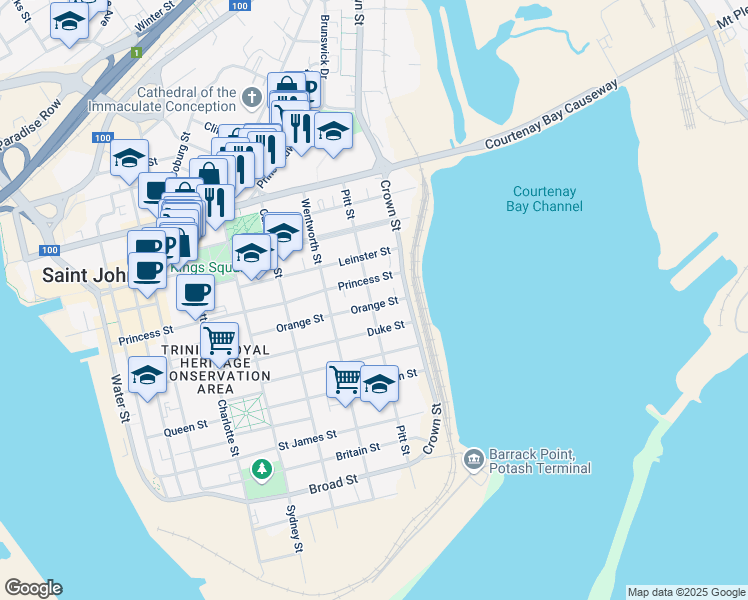 map of restaurants, bars, coffee shops, grocery stores, and more near 120 Pitt Street in Saint John