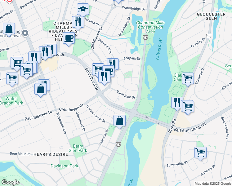 map of restaurants, bars, coffee shops, grocery stores, and more near 46 Barnstone Drive in Ottawa