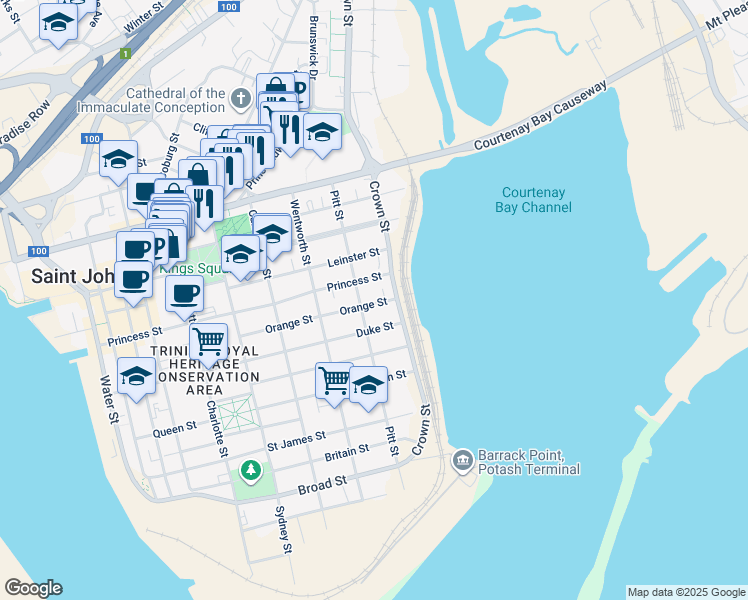 map of restaurants, bars, coffee shops, grocery stores, and more near 296 Princess Street in Saint John