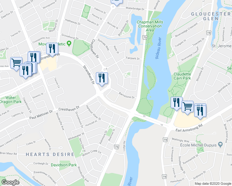 map of restaurants, bars, coffee shops, grocery stores, and more near in Ottawa