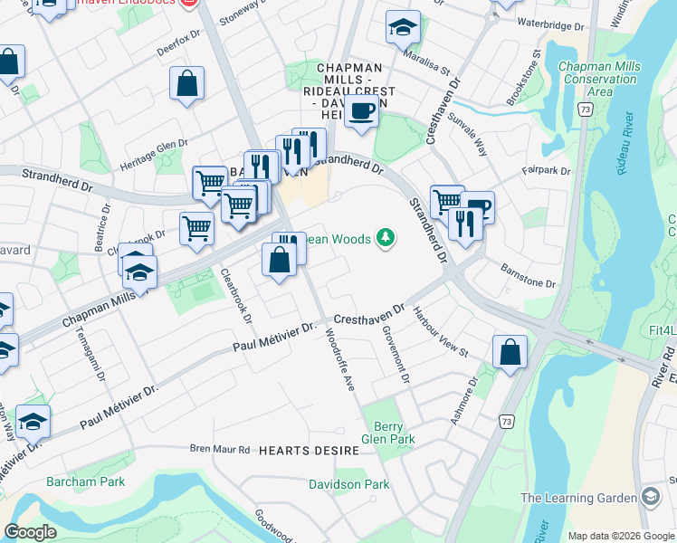 map of restaurants, bars, coffee shops, grocery stores, and more near 250 Serena Way in Ottawa