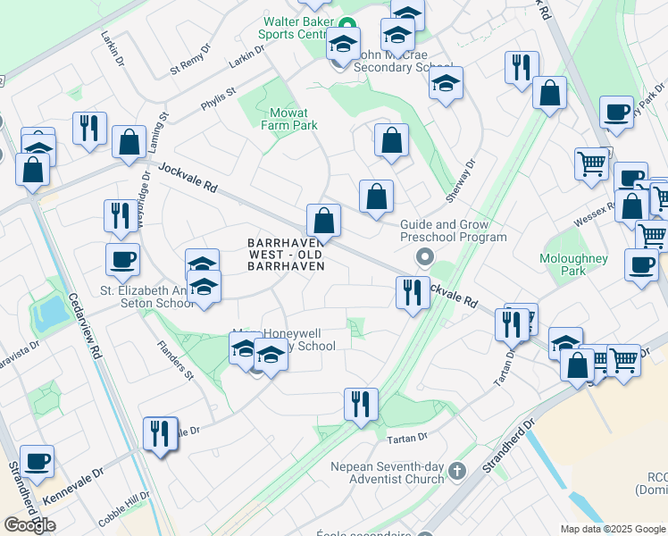 map of restaurants, bars, coffee shops, grocery stores, and more near 10 Hyannis Avenue in Ottawa