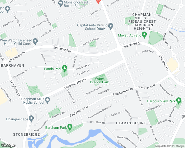 map of restaurants, bars, coffee shops, grocery stores, and more near 451 Chapman Mills Drive in Ottawa