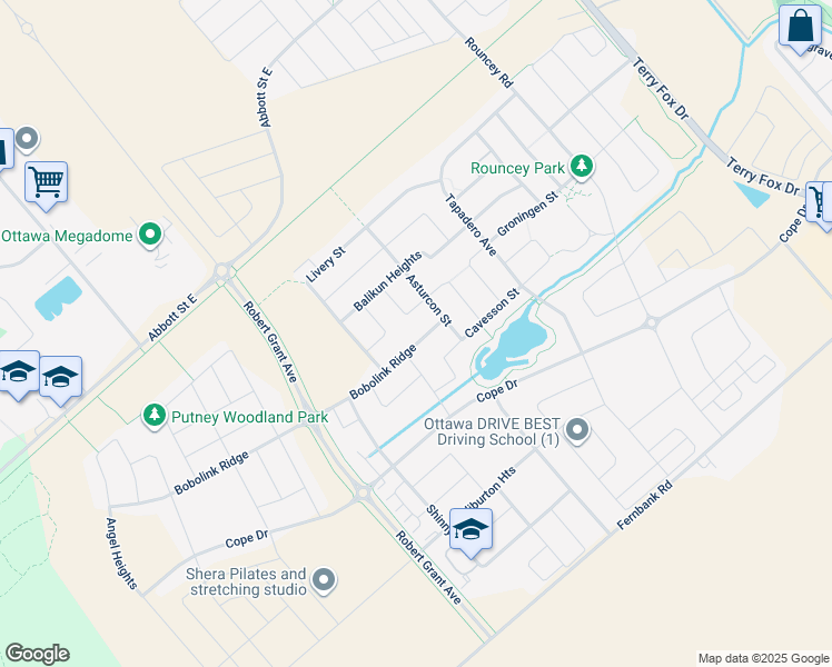 map of restaurants, bars, coffee shops, grocery stores, and more near 316 Bobolink Ridge in Ottawa