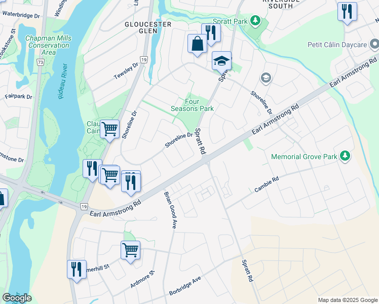 map of restaurants, bars, coffee shops, grocery stores, and more near 910 Schooner Crescent in Ottawa