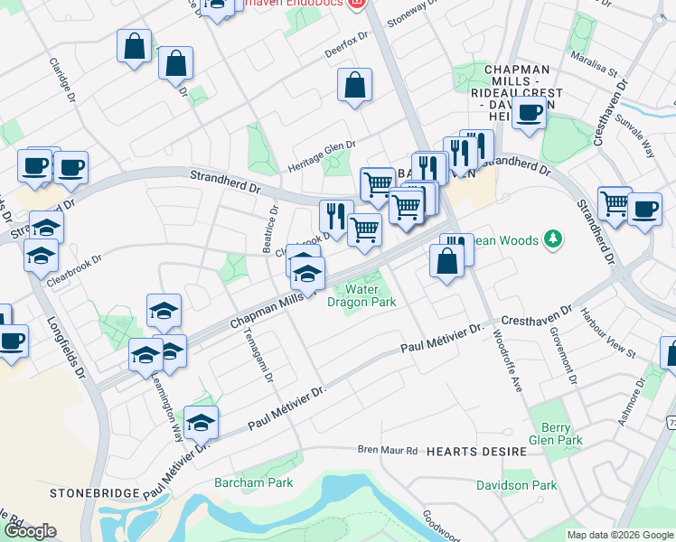 map of restaurants, bars, coffee shops, grocery stores, and more near 447 Chapman Mills Drive in Ottawa