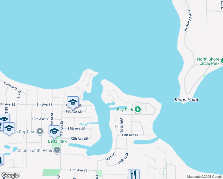 map of restaurants, bars, coffee shops, grocery stores, and more near 1379 Bay Point Drive Southeast in Forest Lake