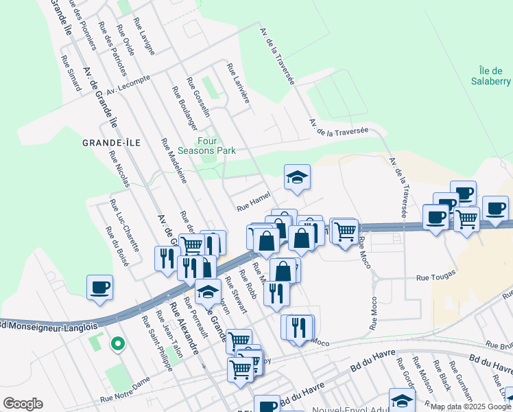 map of restaurants, bars, coffee shops, grocery stores, and more near 502 Rue Hamel in Salaberry-de-Valleyfield