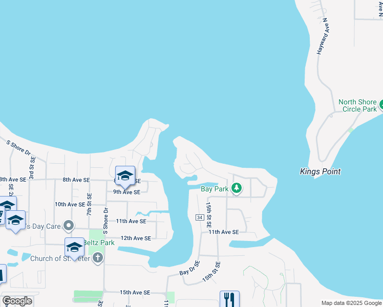 map of restaurants, bars, coffee shops, grocery stores, and more near 1379 Bay Point Drive Southeast in Forest Lake