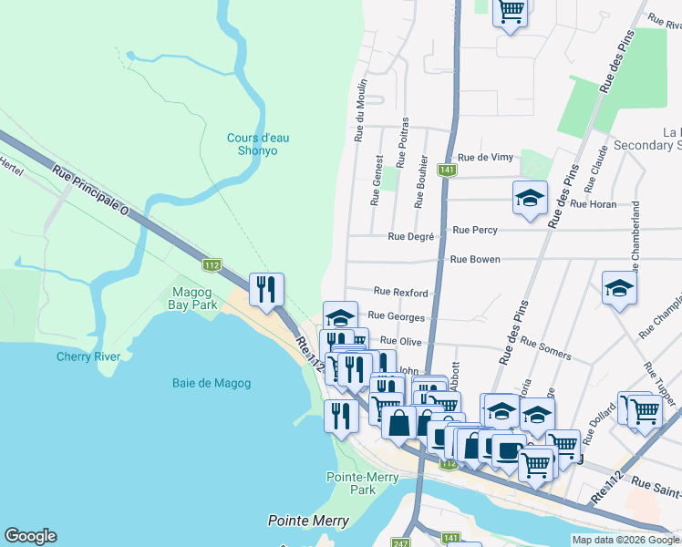 map of restaurants, bars, coffee shops, grocery stores, and more near 465 Rue du Moulin in Magog