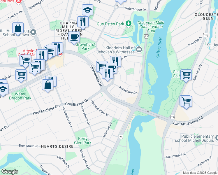 map of restaurants, bars, coffee shops, grocery stores, and more near 350 Cresthaven Drive in Ottawa