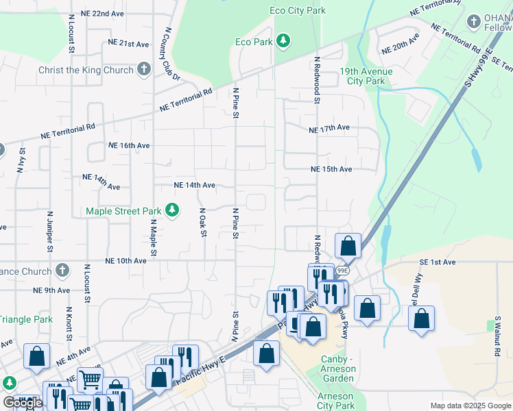 map of restaurants, bars, coffee shops, grocery stores, and more near 1170 Northeast 13th Circle in Canby