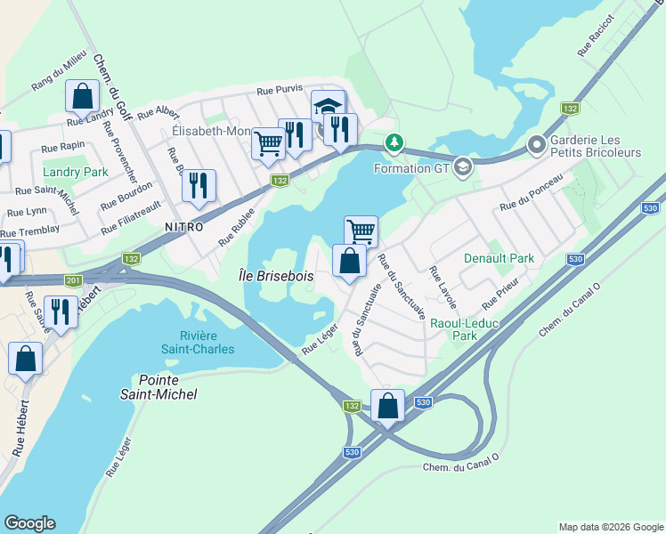 map of restaurants, bars, coffee shops, grocery stores, and more near 13 Rue Saint-Jude in Salaberry-de-Valleyfield