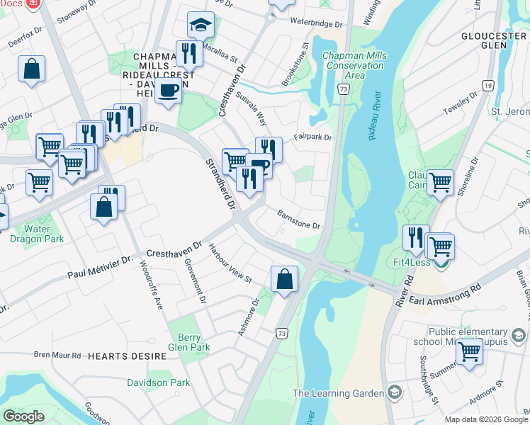 map of restaurants, bars, coffee shops, grocery stores, and more near Stonefield Private in Ottawa