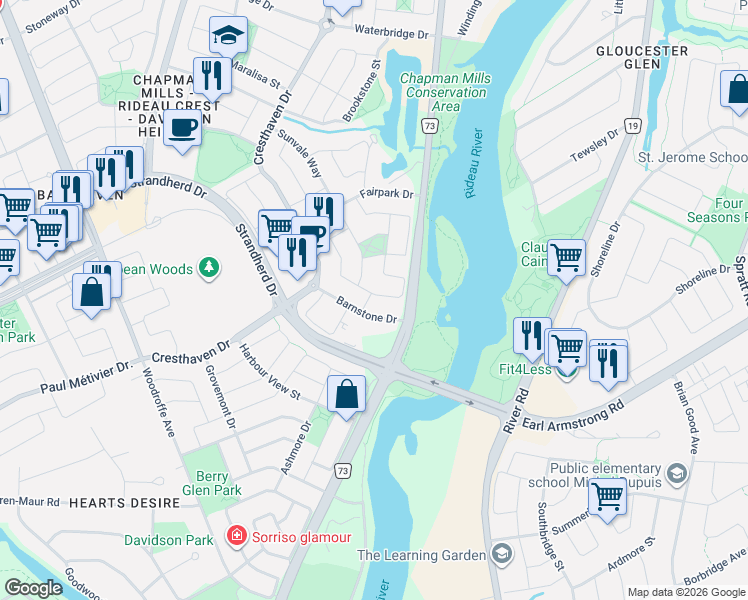 map of restaurants, bars, coffee shops, grocery stores, and more near 11 Marcay Street in Ottawa
