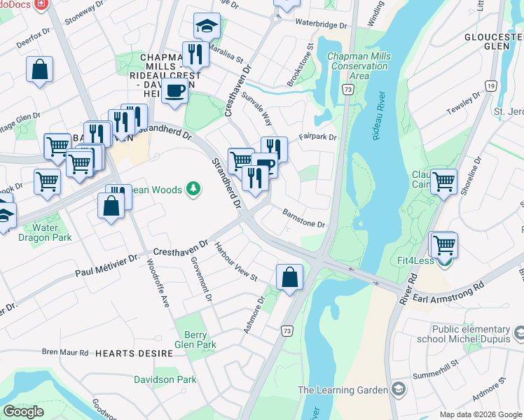 map of restaurants, bars, coffee shops, grocery stores, and more near 350 Cresthaven Drive in Ottawa