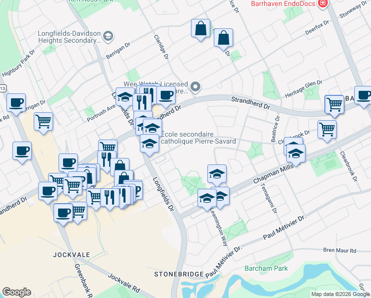 map of restaurants, bars, coffee shops, grocery stores, and more near 522 Clearbrook Drive in Ottawa