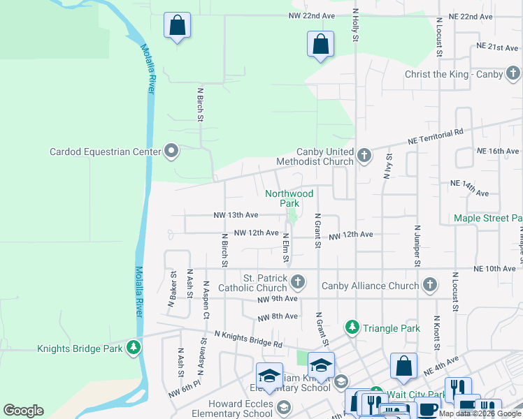 map of restaurants, bars, coffee shops, grocery stores, and more near 644 Northwest 13th Avenue in Canby