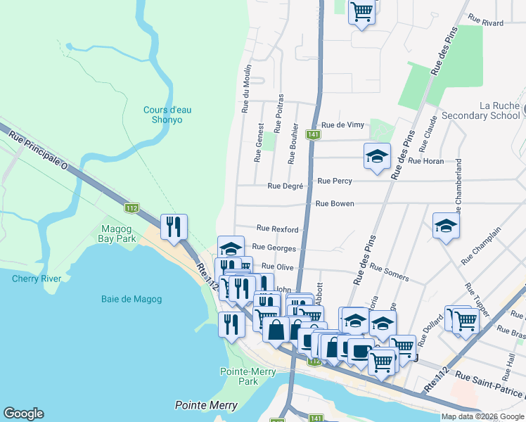 map of restaurants, bars, coffee shops, grocery stores, and more near 866 Rue Bowen in Magog