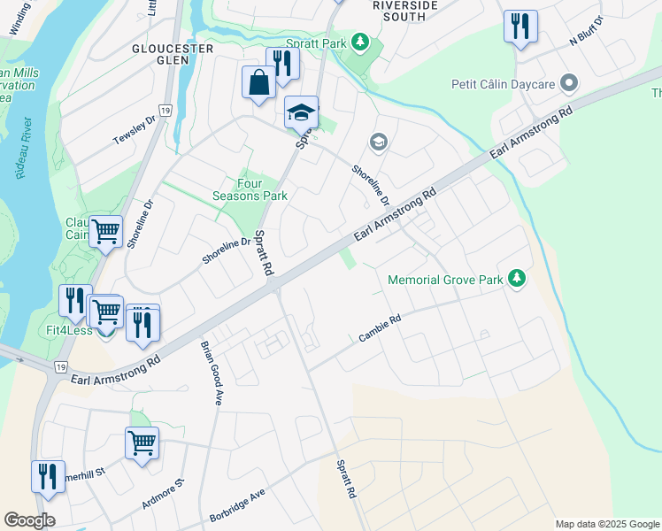 map of restaurants, bars, coffee shops, grocery stores, and more near 910 Earl Armstrong Road in Ottawa