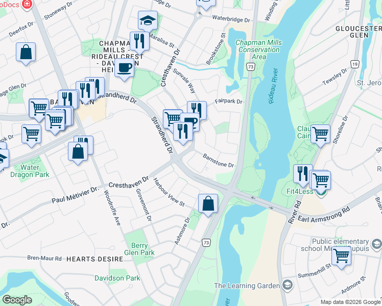 map of restaurants, bars, coffee shops, grocery stores, and more near 297 Cresthaven Drive in Ottawa
