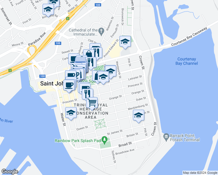 map of restaurants, bars, coffee shops, grocery stores, and more near 62 Carmarthen Street in Saint John
