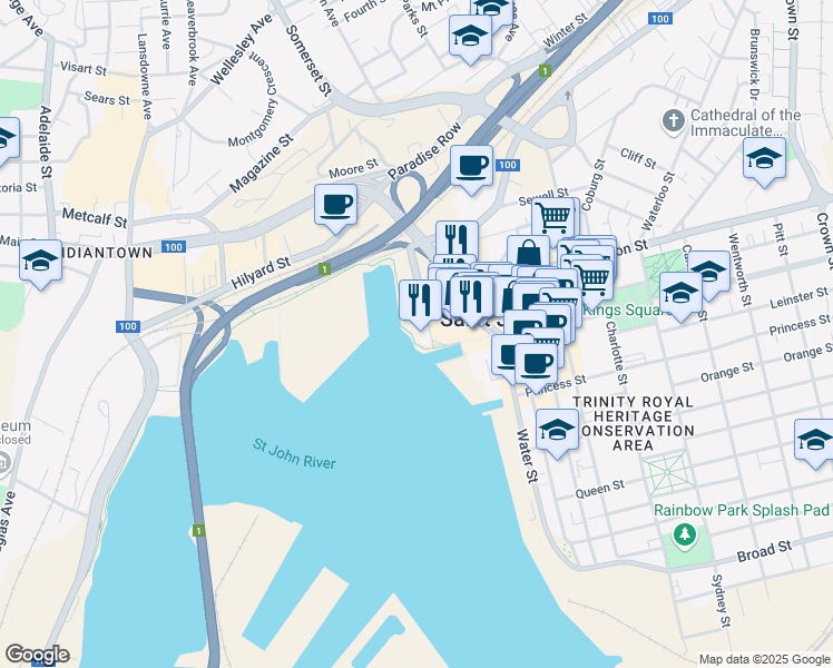 map of restaurants, bars, coffee shops, grocery stores, and more near in Saint John
