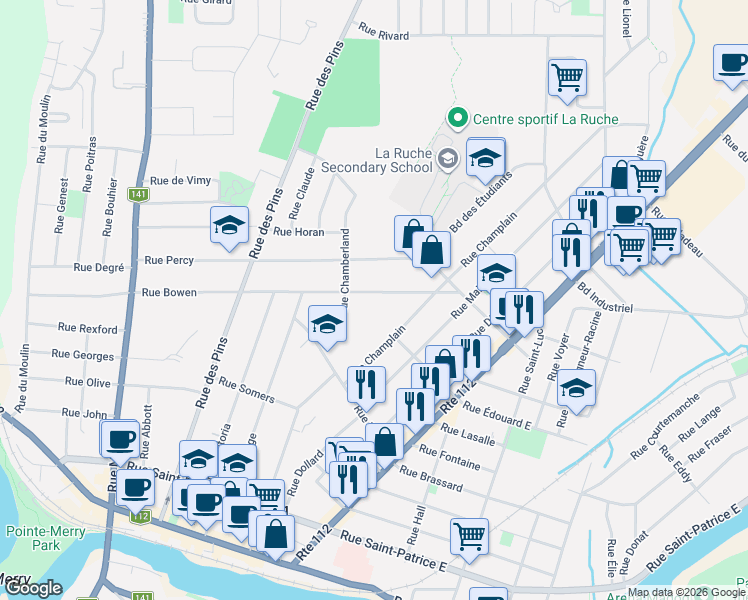 map of restaurants, bars, coffee shops, grocery stores, and more near 210 Rue Bowen in Magog