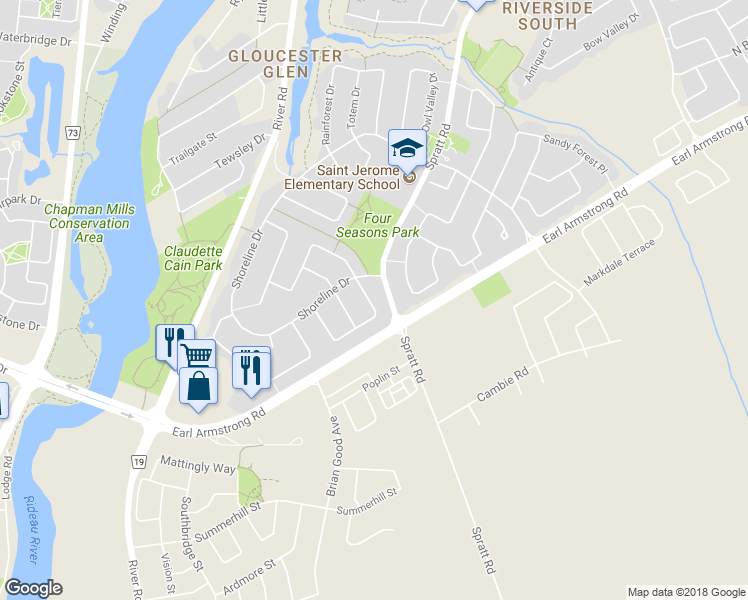 map of restaurants, bars, coffee shops, grocery stores, and more near 915 Schooner Crescent in Ottawa