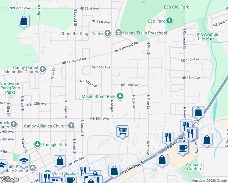 map of restaurants, bars, coffee shops, grocery stores, and more near 1302 North Maple Street in Canby