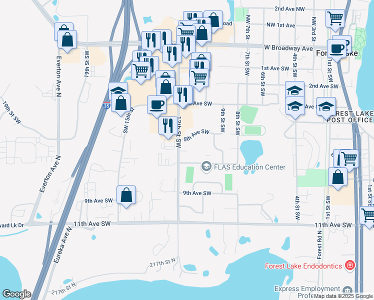 map of restaurants, bars, coffee shops, grocery stores, and more near 655 12th Street Southwest in Forest Lake
