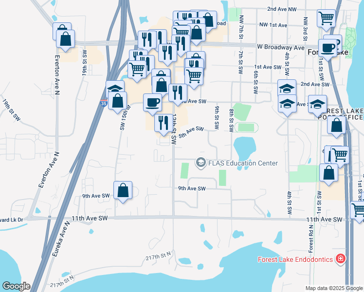map of restaurants, bars, coffee shops, grocery stores, and more near 655 12th Street Southwest in Forest Lake