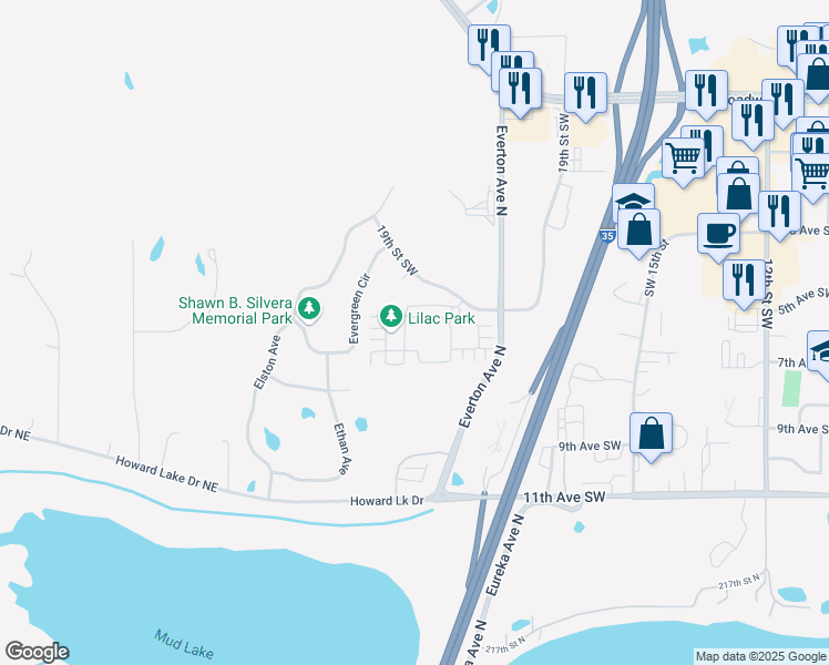 map of restaurants, bars, coffee shops, grocery stores, and more near 22269 Lilac Court in Forest Lake