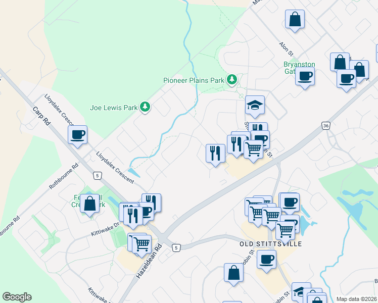 map of restaurants, bars, coffee shops, grocery stores, and more near 195 Kimpton Drive in Ottawa