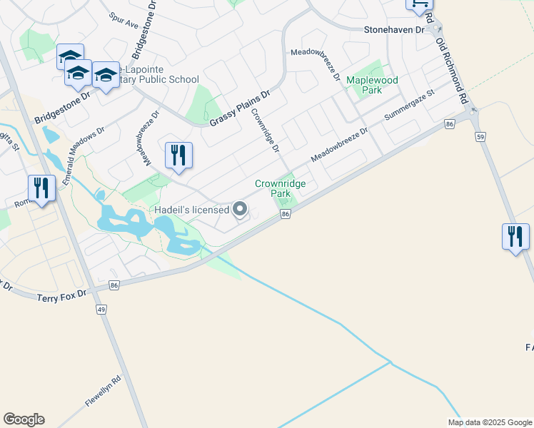 map of restaurants, bars, coffee shops, grocery stores, and more near 368 Crownridge Drive in Ottawa