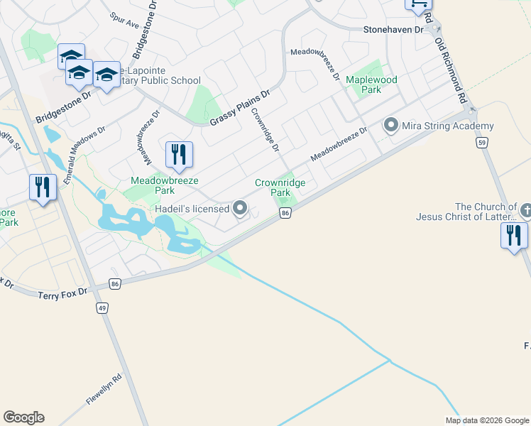 map of restaurants, bars, coffee shops, grocery stores, and more near 366 Crownridge Drive in Ottawa