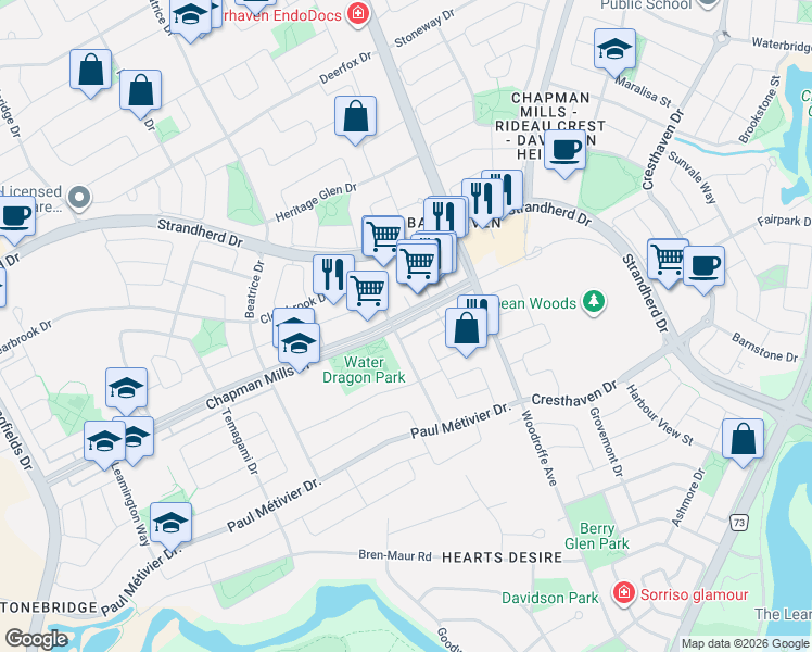 map of restaurants, bars, coffee shops, grocery stores, and more near 258 Chapman Mills Drive in Ottawa
