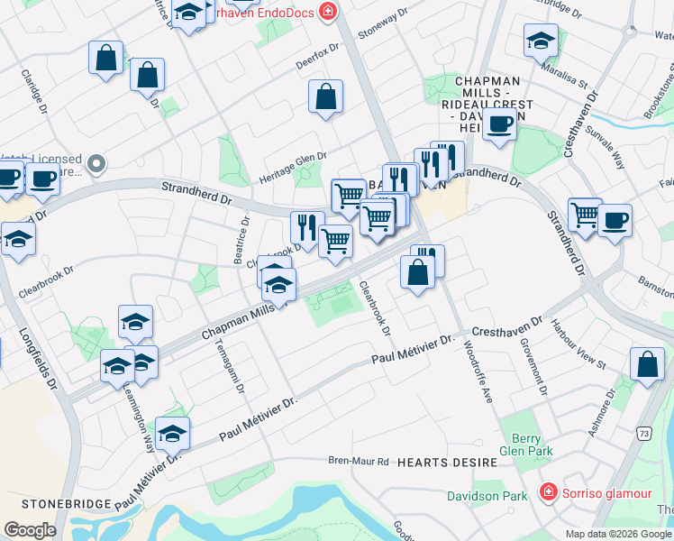 map of restaurants, bars, coffee shops, grocery stores, and more near 405 Chapman Mills Drive in Ottawa