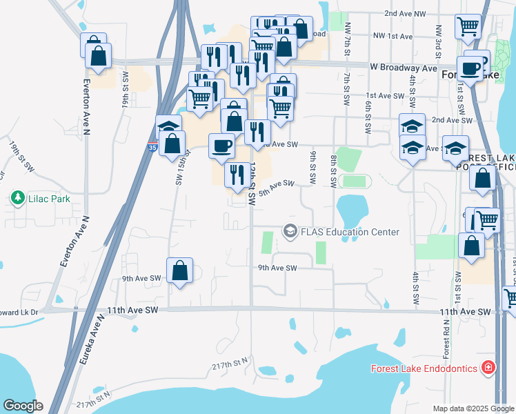 map of restaurants, bars, coffee shops, grocery stores, and more near 655 12th Street Southwest in Forest Lake