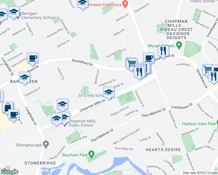 map of restaurants, bars, coffee shops, grocery stores, and more near 821 Taradale Drive in Ottawa