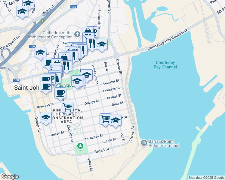 map of restaurants, bars, coffee shops, grocery stores, and more near 290 Princess Street in Saint John
